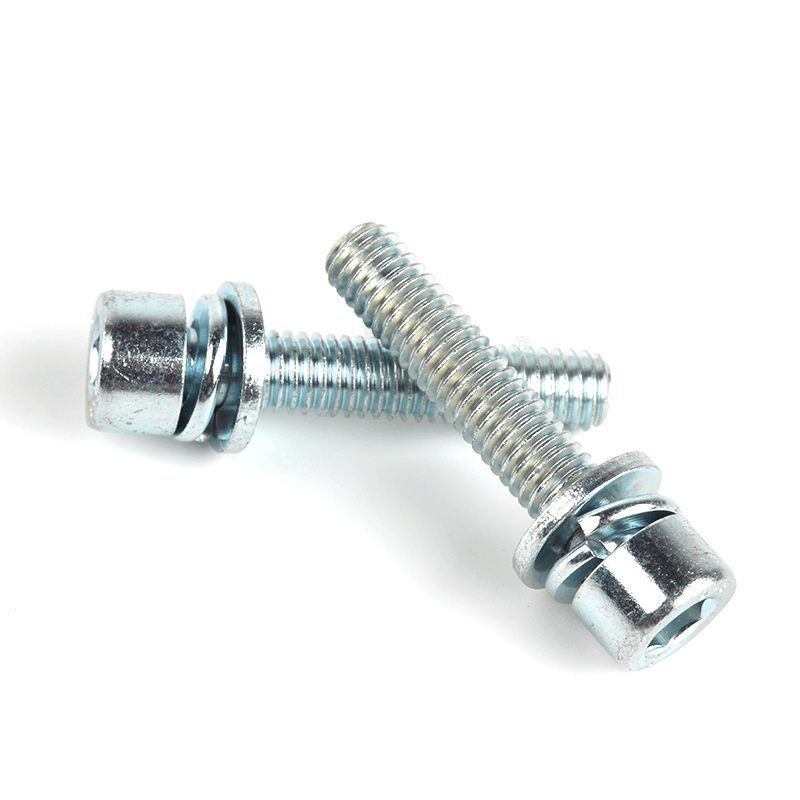 碳鋼8.8級(jí)藍(lán)白鋅內(nèi)六角圓柱頭帶平彈墊組合螺釘(無滾花)DIN912平彈墊三組合